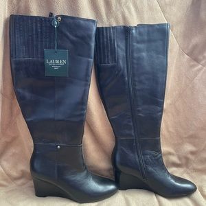 Ralph Lauren Tamora black leather tall wedge heel boots wide calf 7.5B NEW